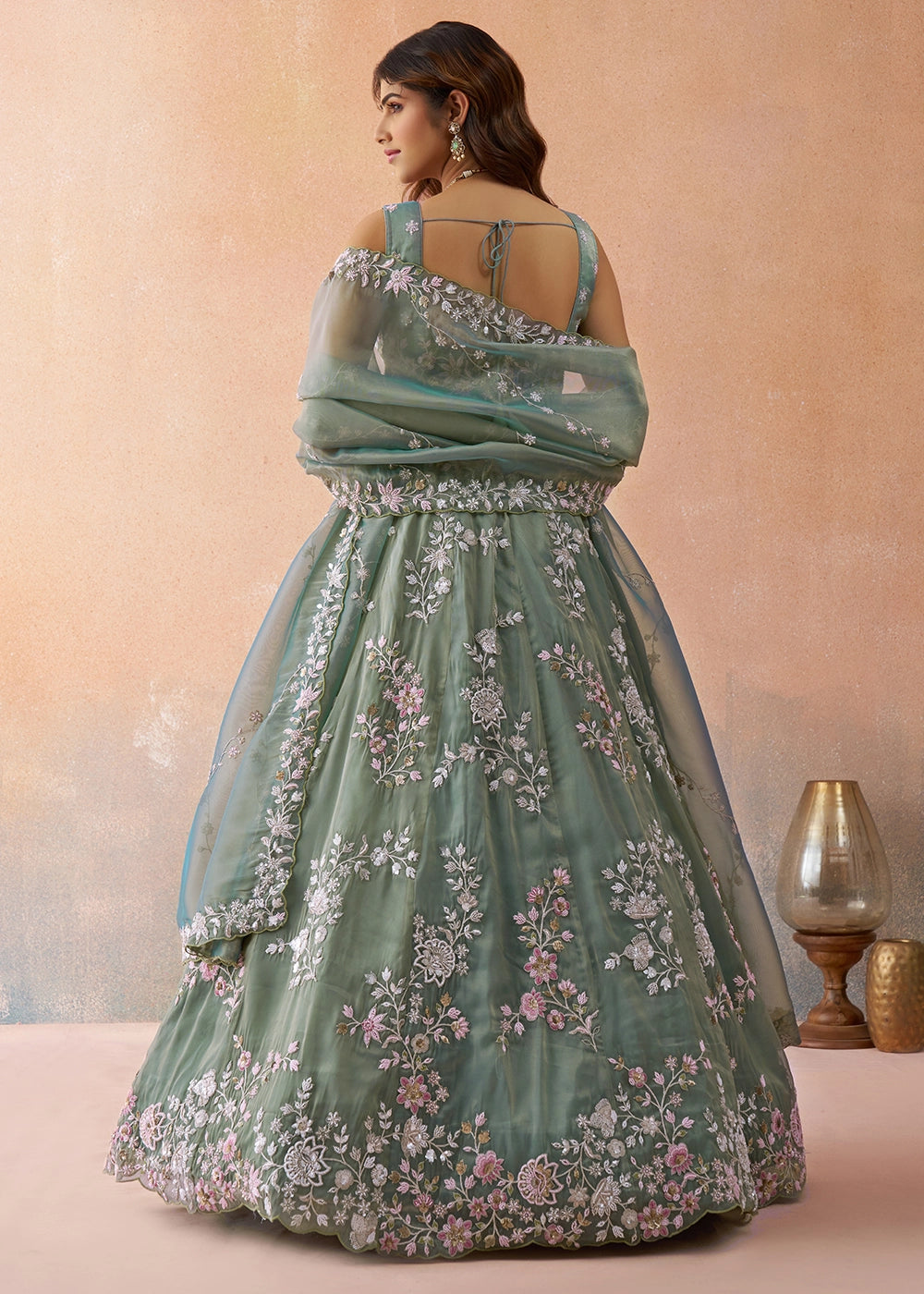 Sage Green Tissue Lehenga Choli with Beads & Sequins work