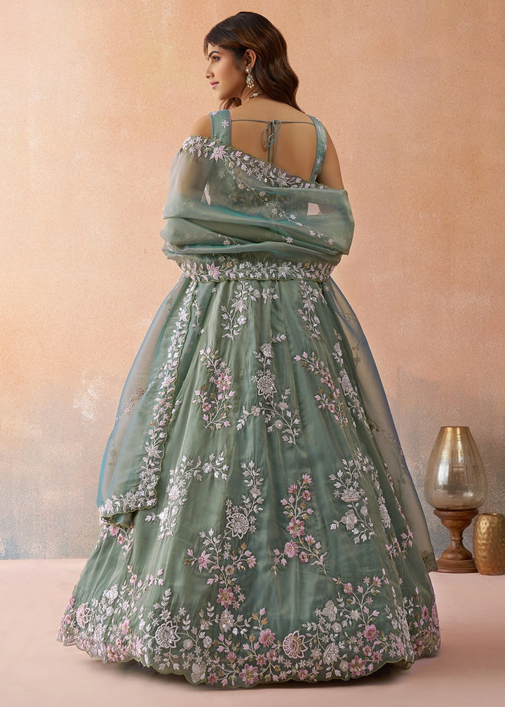 Sage Green Tissue Lehenga Choli with Beads & Sequins work