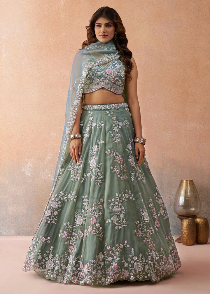 Sage Green Tissue Lehenga Choli with Beads & Sequins work