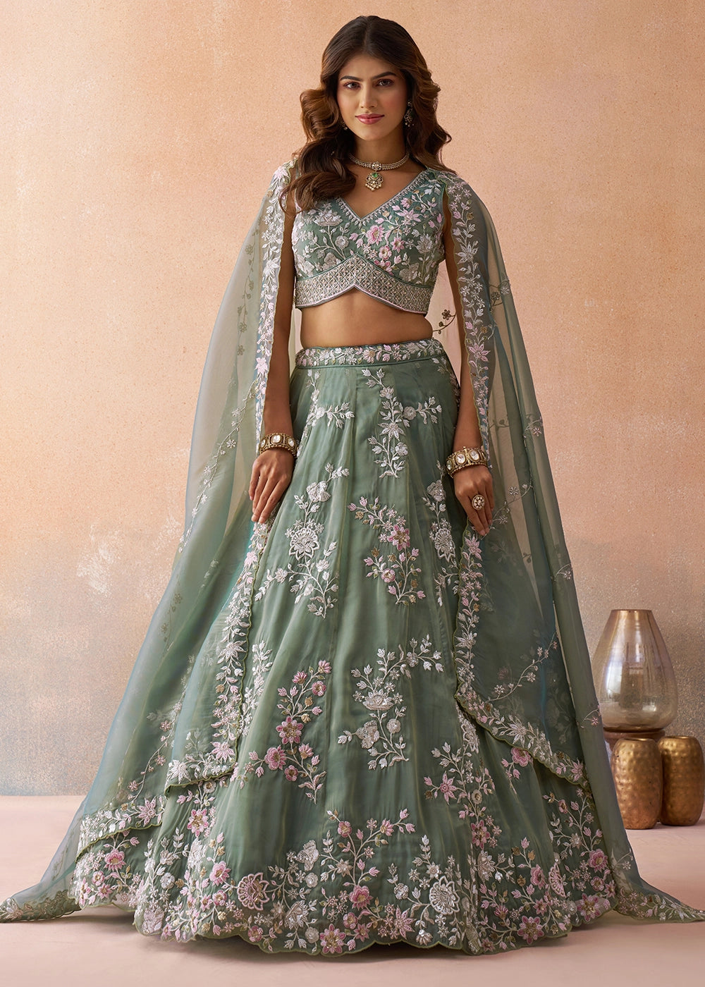 Sage Green Tissue Lehenga Choli with Beads & Sequins work