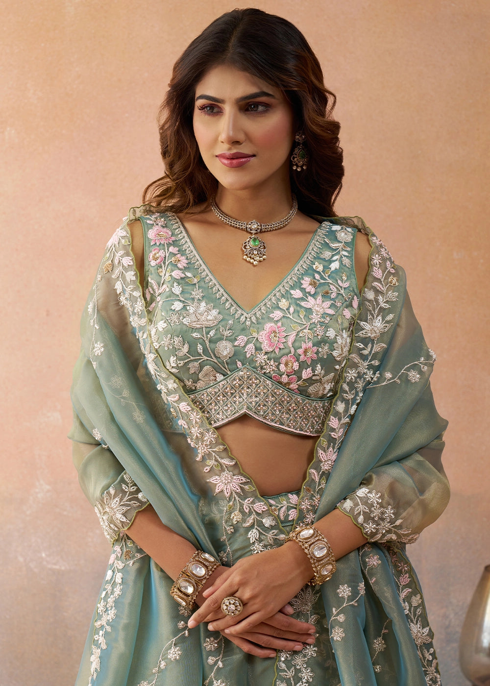 Sage Green Tissue Lehenga Choli with Beads & Sequins work