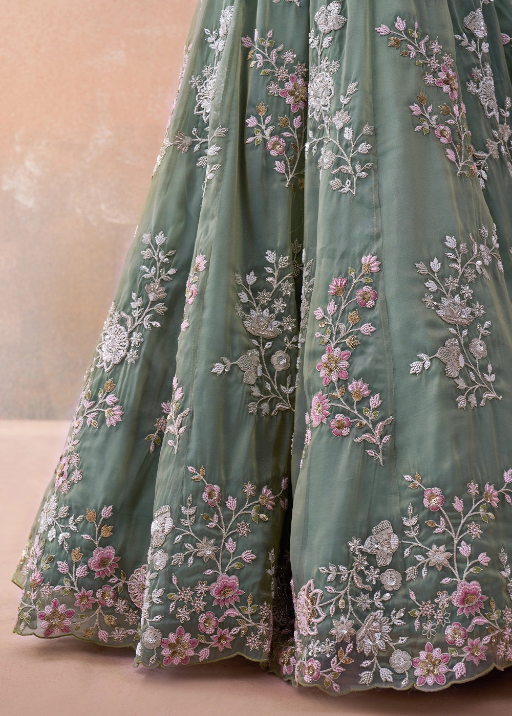 Sage Green Tissue Lehenga Choli with Beads & Sequins work