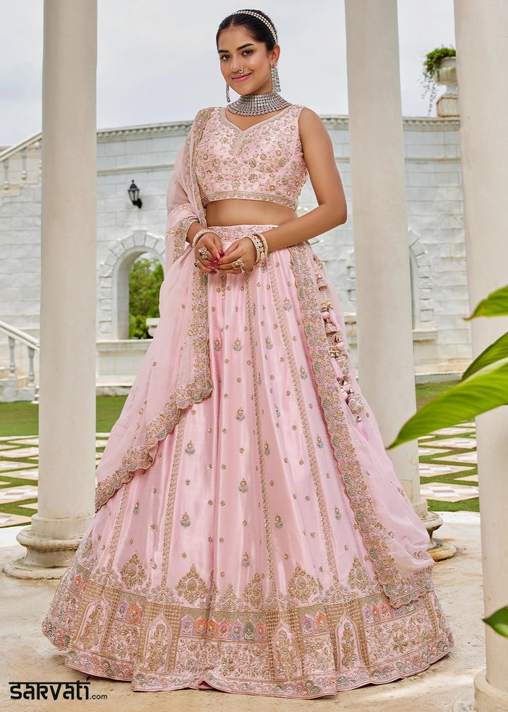 Baby Pink Silk Lehenga Choli with Handcrafted Floral & Sequin Work