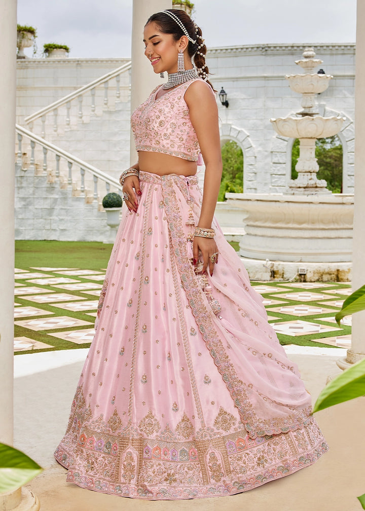 Baby Pink Silk Lehenga Choli with Handcrafted Floral & Sequin Work