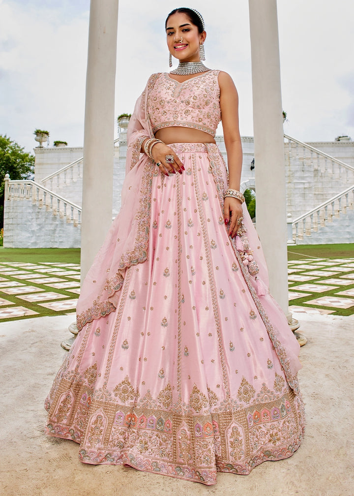 Baby Pink Silk Lehenga Choli with Handcrafted Floral & Sequin Work