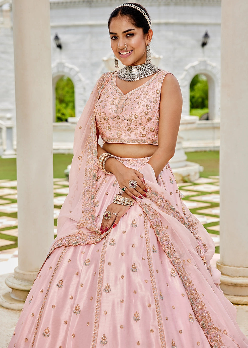 Baby Pink Silk Lehenga Choli with Handcrafted Floral & Sequin Work
