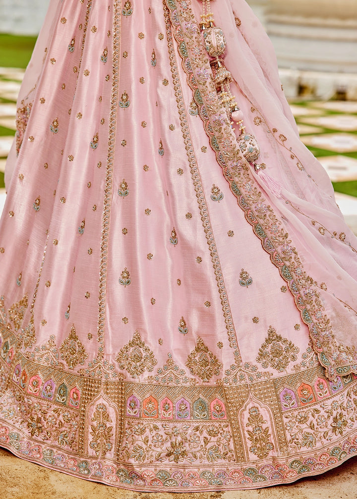 Baby Pink Silk Lehenga Choli with Handcrafted Floral & Sequin Work