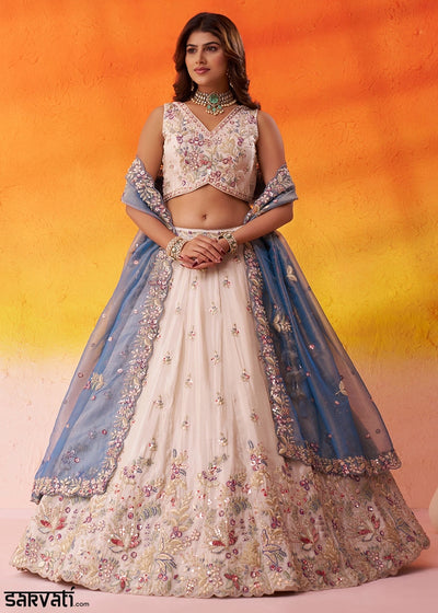 Beige Tissue Embroidered Lehenga Set with Moti, Sequin & Blue Dupatta