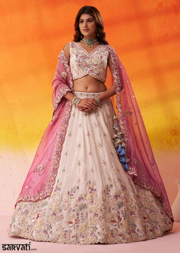 White and Pink Tissue Silk Lehenga Choli with Sequins and Thread Embroidery
