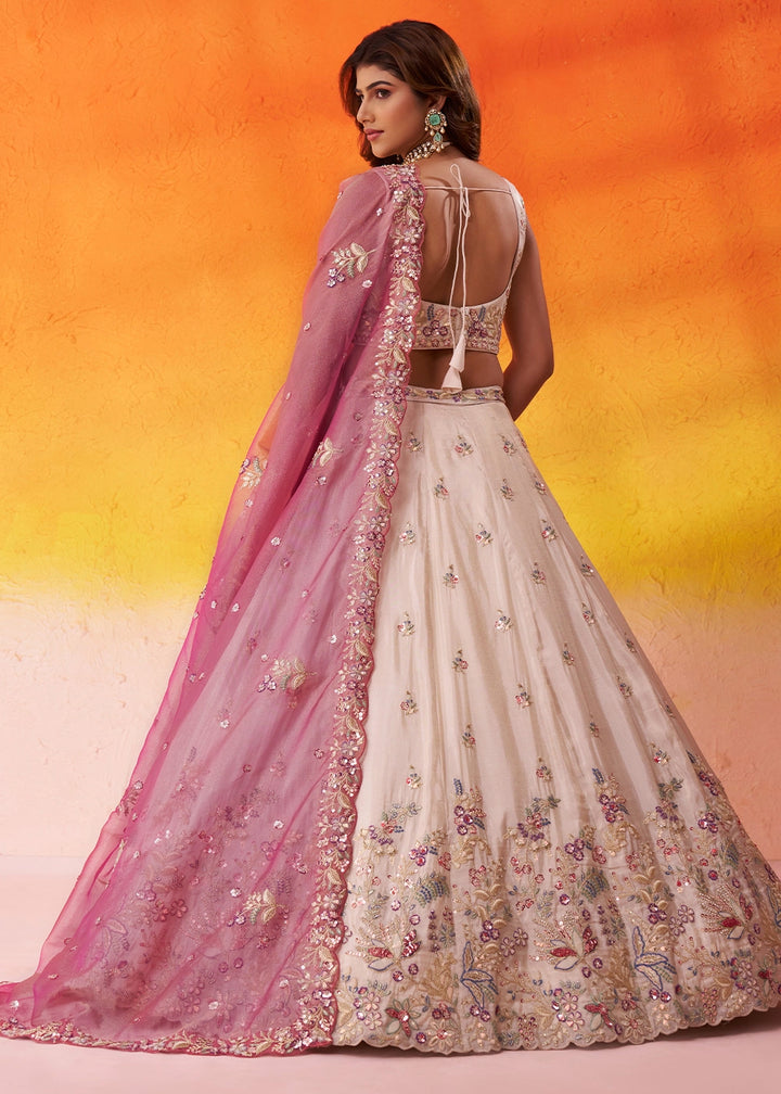 Beige Tissue Embroidered Lehenga Set with Moti, Sequin Work and Pink Dupatta