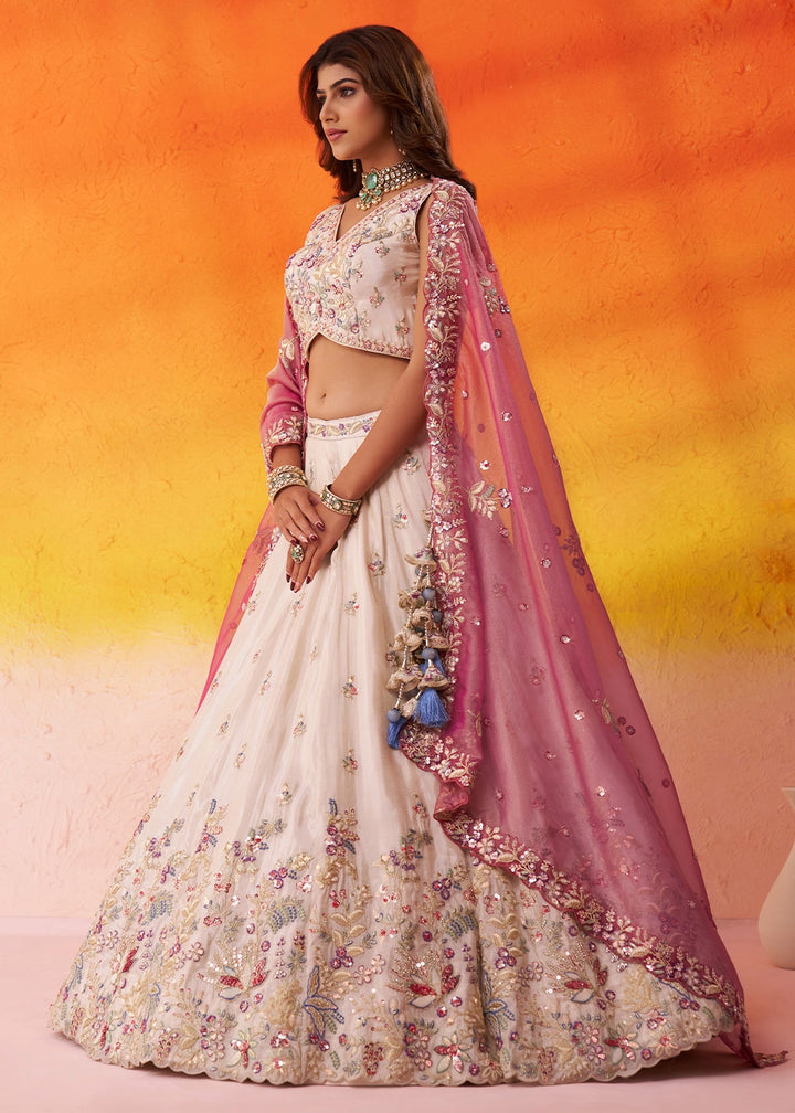 Beige Tissue Embroidered Lehenga Set with Moti, Sequin Work and Pink Dupatta