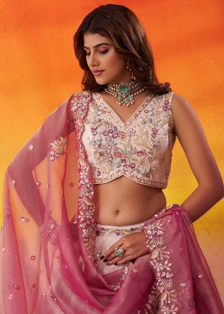 Beige Tissue Embroidered Lehenga Set with Moti, Sequin Work and Pink Dupatta