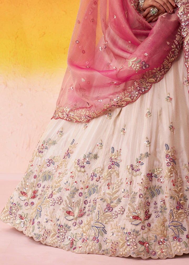 Beige Tissue Embroidered Lehenga Set with Moti, Sequin Work and Pink Dupatta