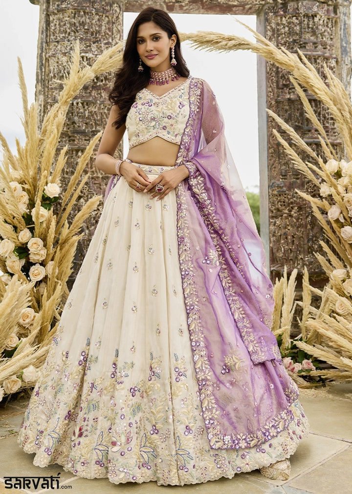 Rice White Embroidered Tissue Lehenga Choli with Sequins & Beads Work