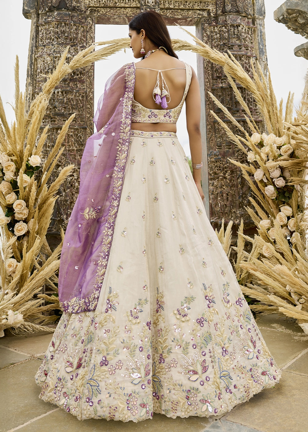 Rice White Embroidered Tissue Lehenga Choli with Sequins & Beads Work