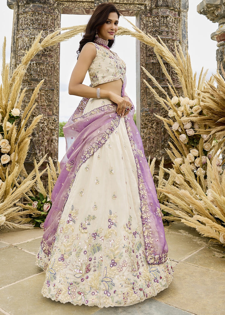 Rice White Embroidered Tissue Lehenga Choli with Sequins & Beads Work