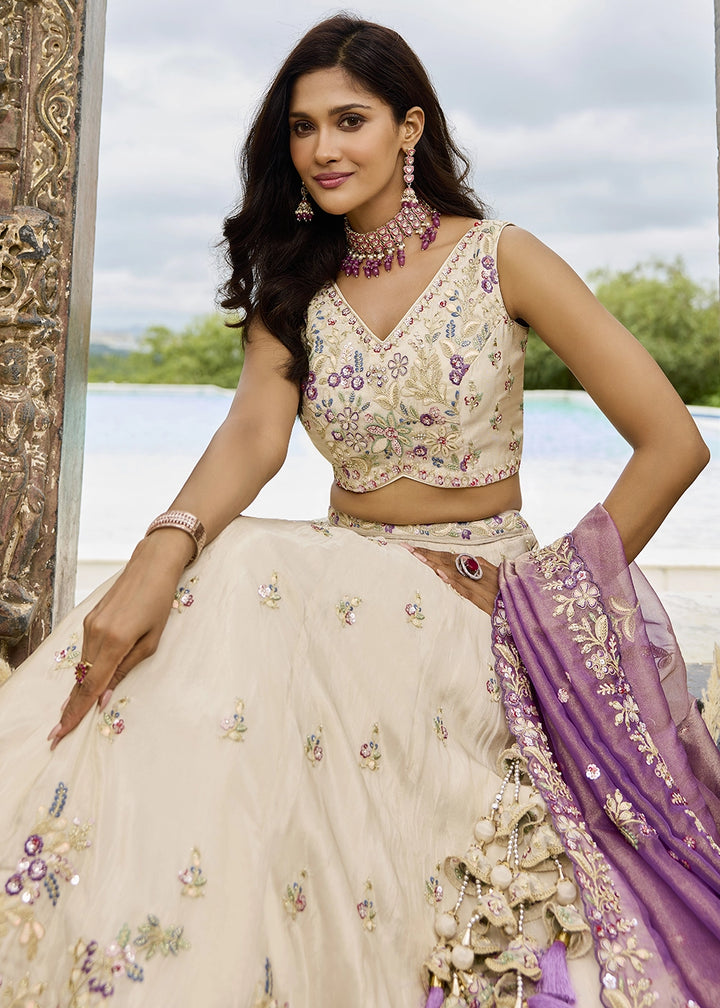 Rice White Embroidered Tissue Lehenga Choli with Sequins & Beads Work