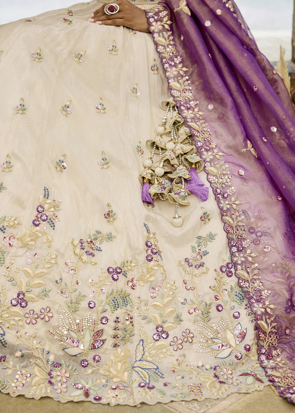 Rice White Embroidered Tissue Lehenga Choli with Sequins & Beads Work