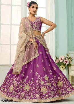 Dark Violet Purple Georgette Lehenga Choli with Handcrafted Floral & Sequin Work