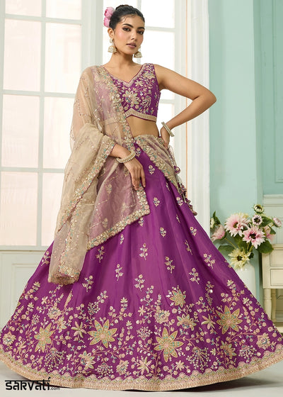 Dark Violet Purple Georgette Lehenga Choli with Handcrafted Floral & Sequin Work