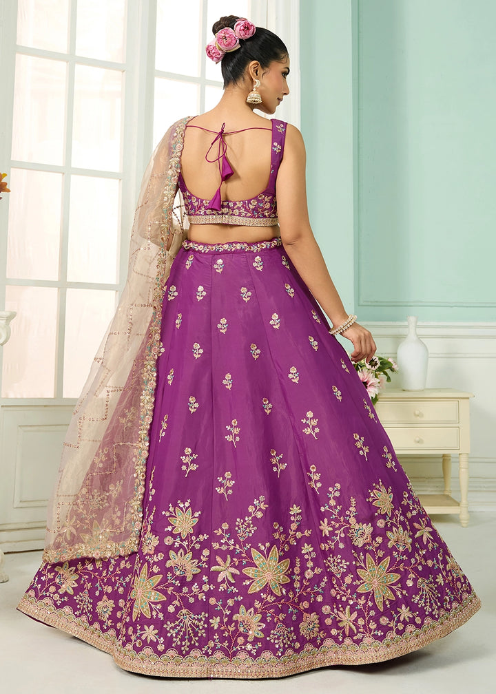 Dark Violet Purple Georgette Lehenga Choli with Handcrafted Floral & Sequin Work