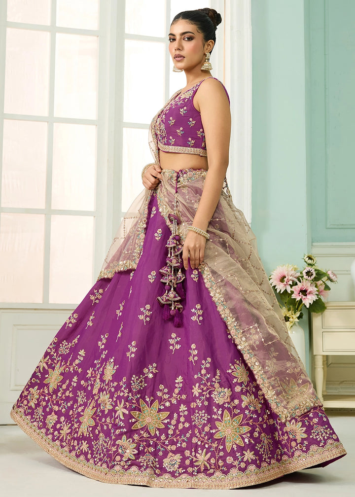 Dark Violet Purple Georgette Lehenga Choli with Handcrafted Floral & Sequin Work