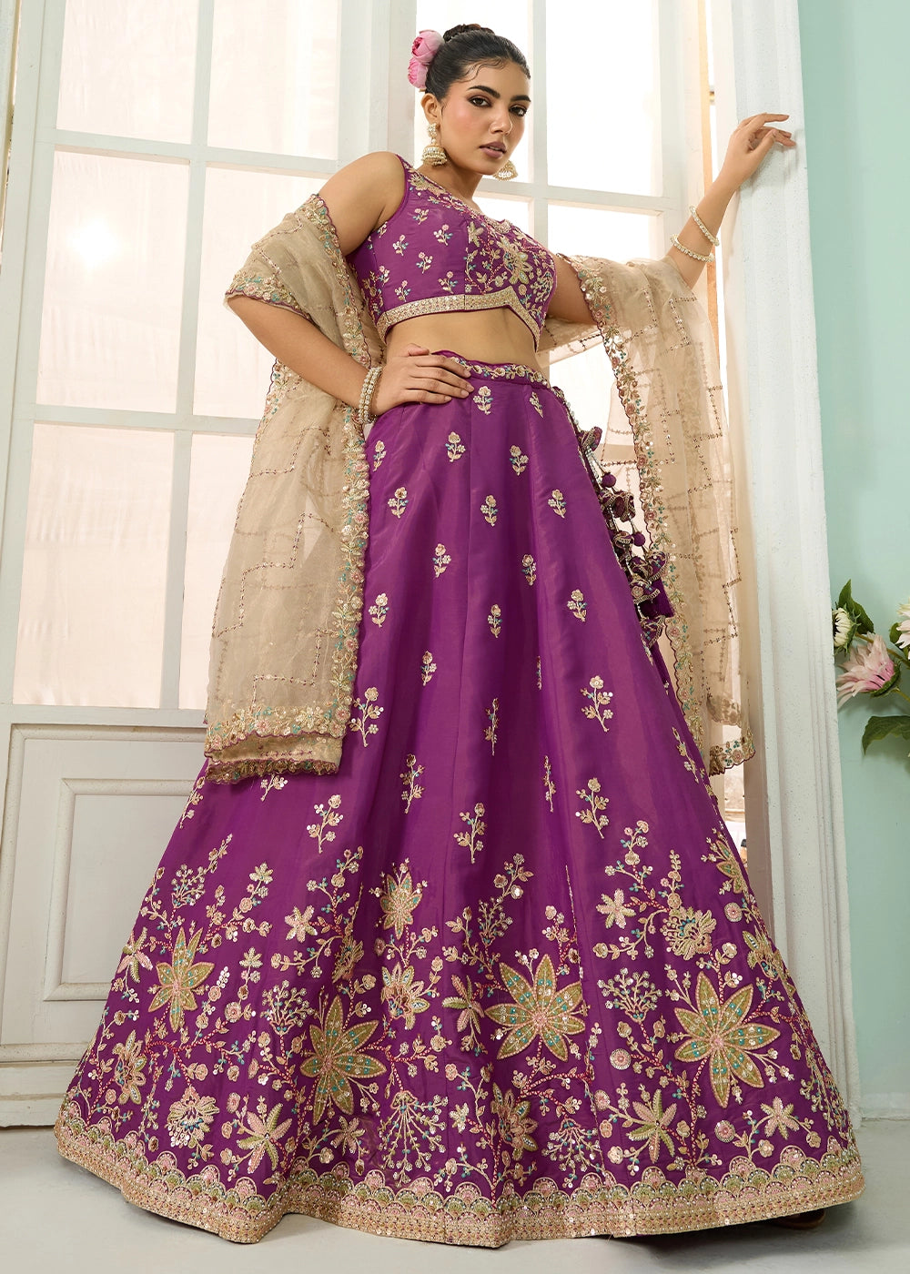 Dark Violet Purple Georgette Lehenga Choli with Handcrafted Floral & Sequin Work