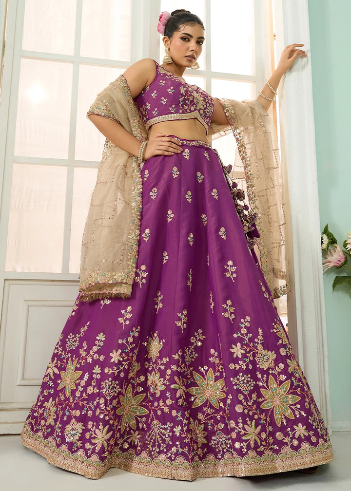 Dark Violet Purple Georgette Lehenga Choli with Handcrafted Floral & Sequin Work