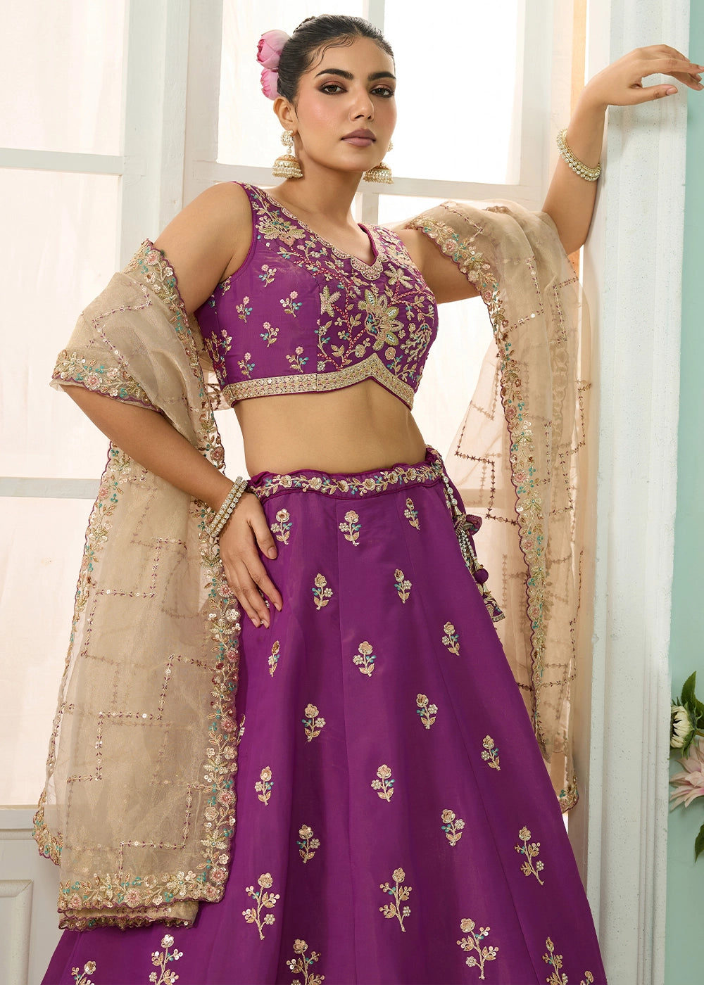 Dark Violet Purple Georgette Lehenga Choli with Handcrafted Floral & Sequin Work