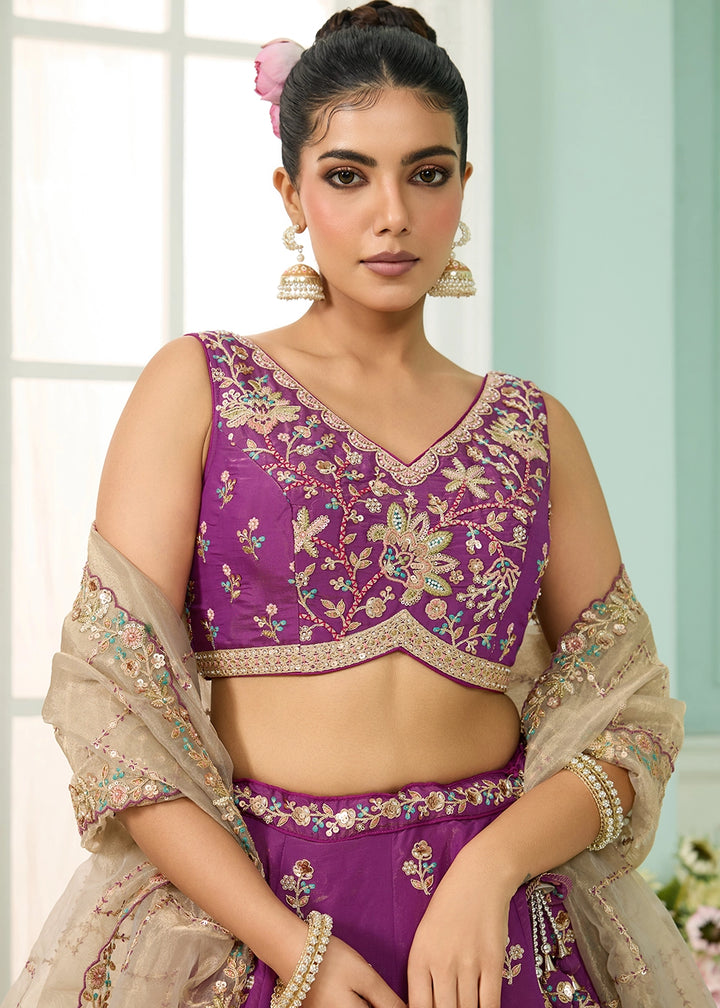 Dark Violet Purple Georgette Lehenga Choli with Handcrafted Floral & Sequin Work