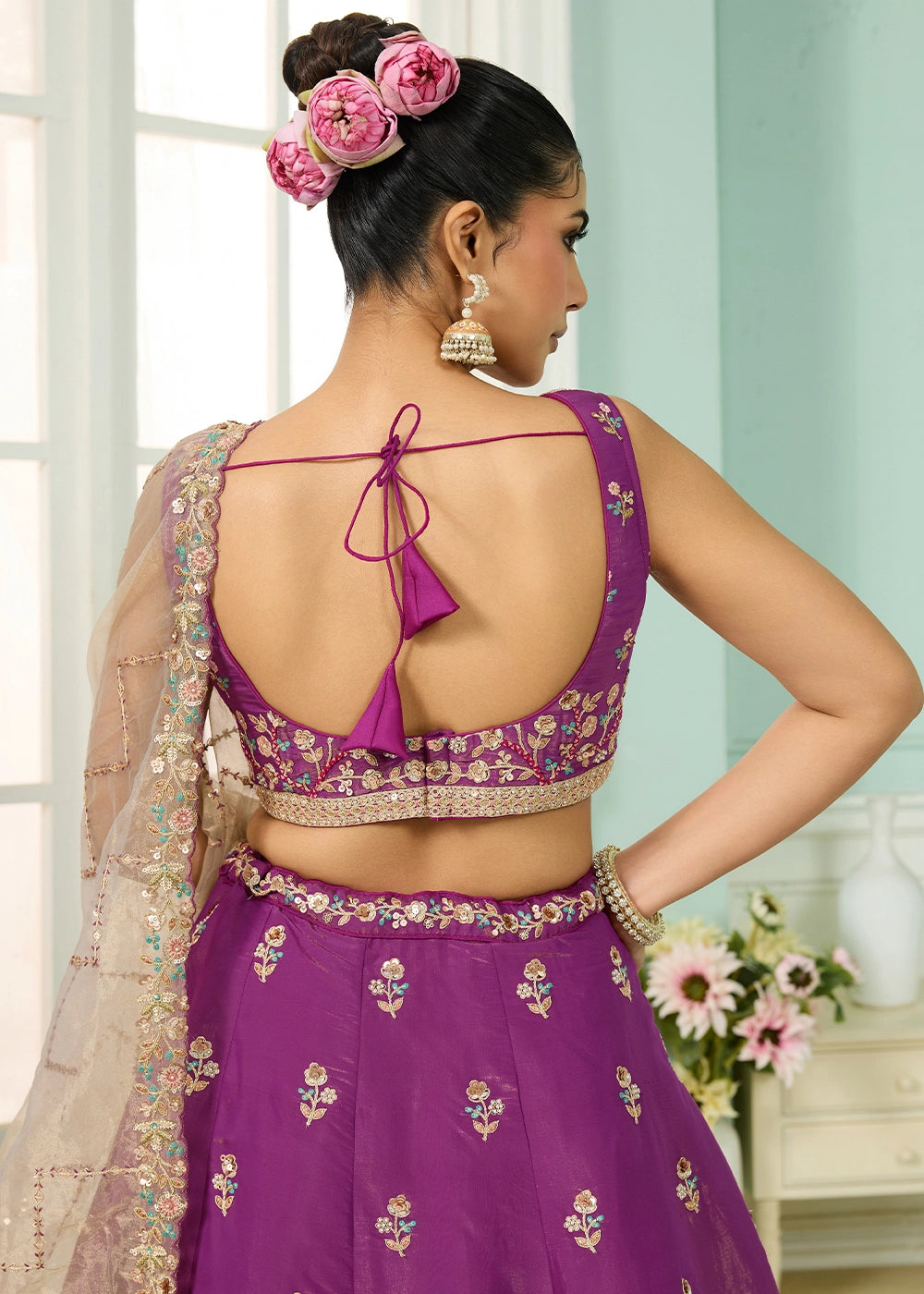 Dark Violet Purple Georgette Lehenga Choli with Handcrafted Floral & Sequin Work