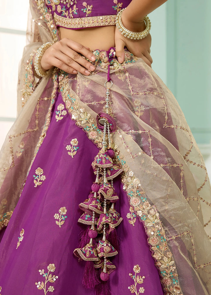 Dark Violet Purple Georgette Lehenga Choli with Handcrafted Floral & Sequin Work