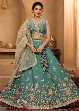 Persian Green Georgette Lehenga Choli with Handcrafted Floral & Sequin Work