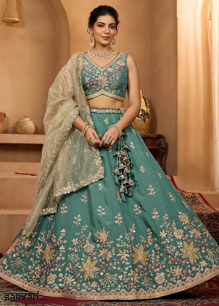 Persian Green Georgette Lehenga Choli with Handcrafted Floral & Sequin Work
