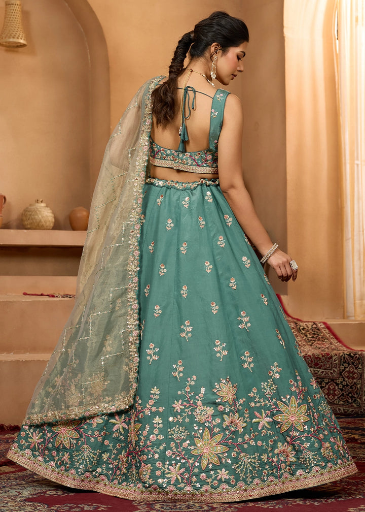 Persian Green Georgette Lehenga Choli with Handcrafted Floral & Sequin Work