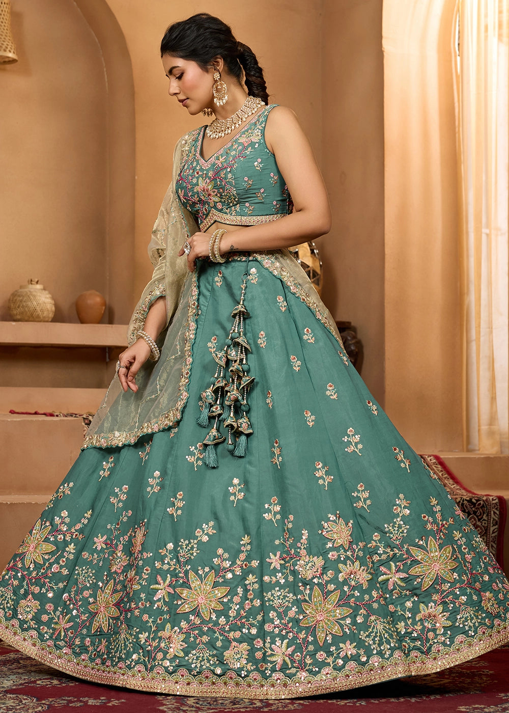 Persian Green Georgette Lehenga Choli with Handcrafted Floral & Sequin Work