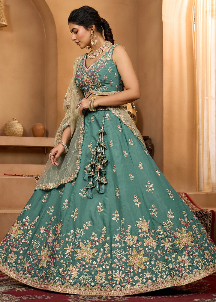 Persian Green Georgette Lehenga Choli with Handcrafted Floral & Sequin Work
