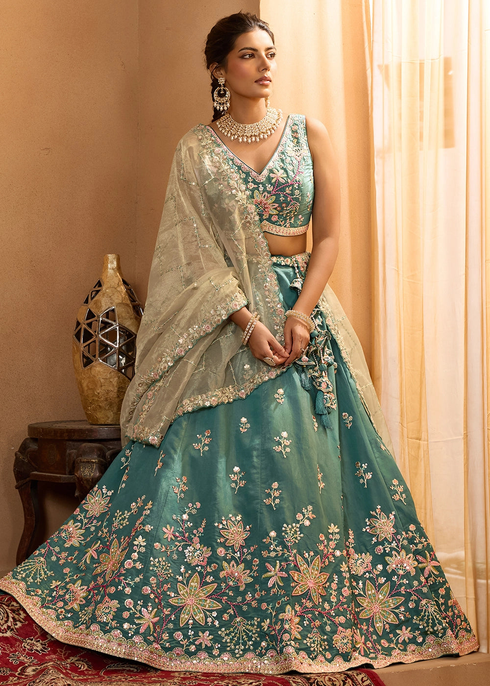 Persian Green Georgette Lehenga Choli with Handcrafted Floral & Sequin Work