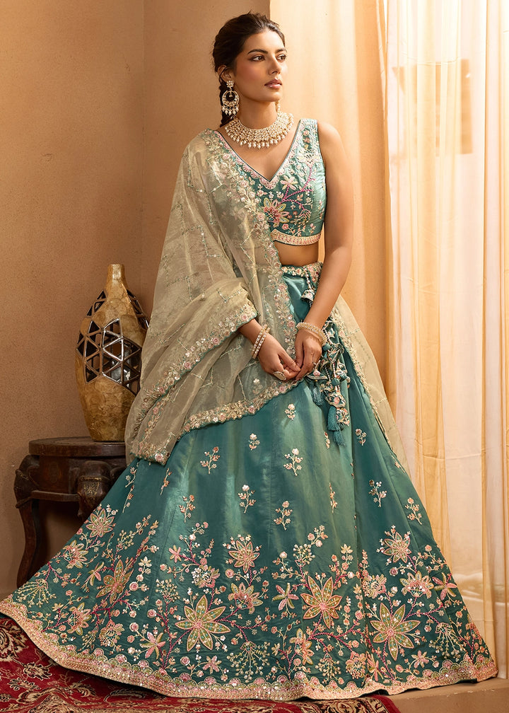 Persian Green Georgette Lehenga Choli with Handcrafted Floral & Sequin Work