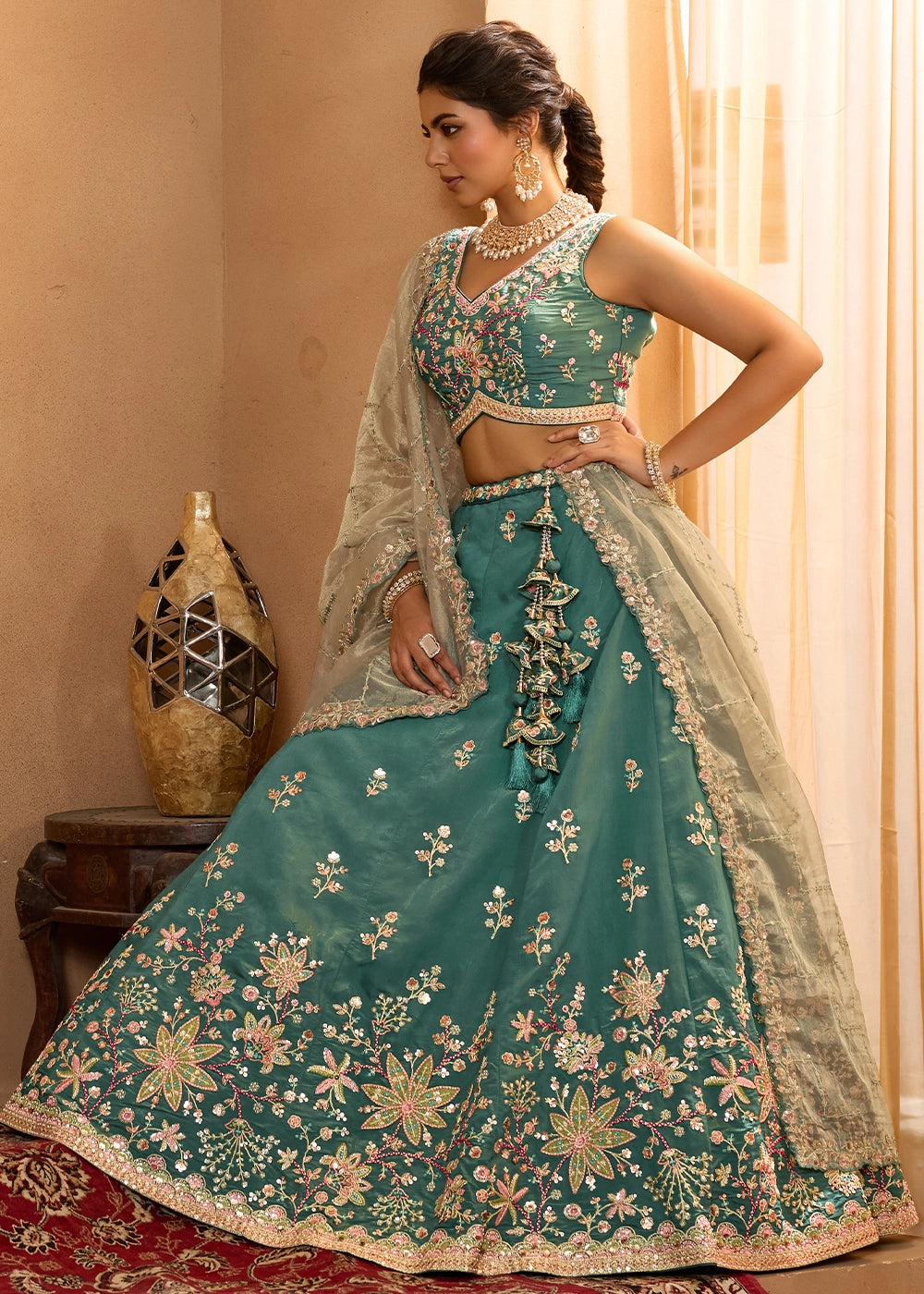 Persian Green Georgette Lehenga Choli with Handcrafted Floral & Sequin Work