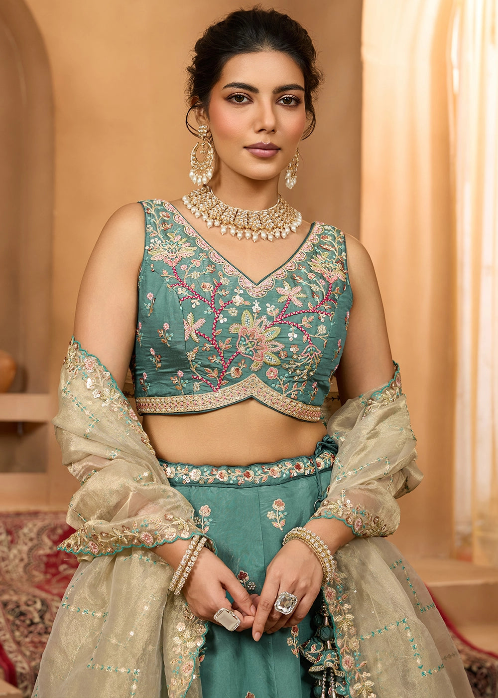 Persian Green Georgette Lehenga Choli with Handcrafted Floral & Sequin Work