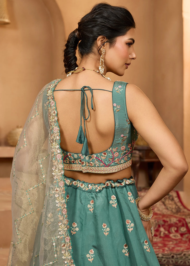 Persian Green Georgette Lehenga Choli with Handcrafted Floral & Sequin Work