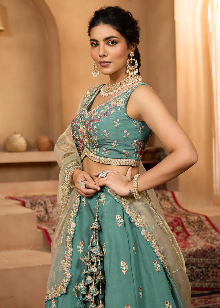 Persian Green Georgette Lehenga Choli with Handcrafted Floral & Sequin Work
