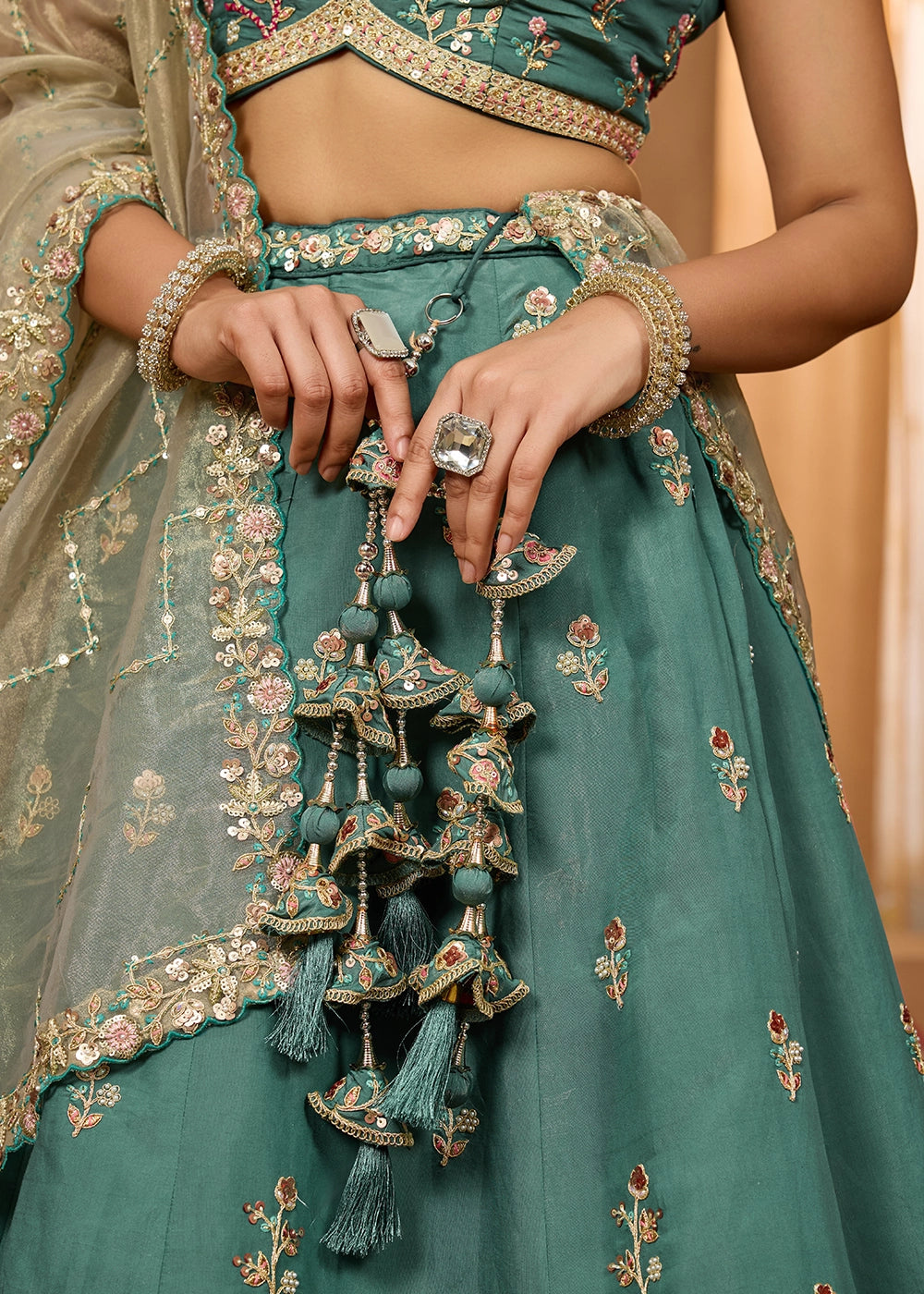 Persian Green Georgette Lehenga Choli with Handcrafted Floral & Sequin Work