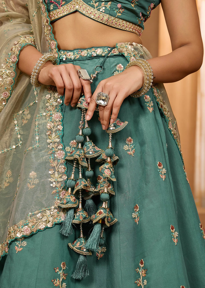 Persian Green Georgette Lehenga Choli with Handcrafted Floral & Sequin Work