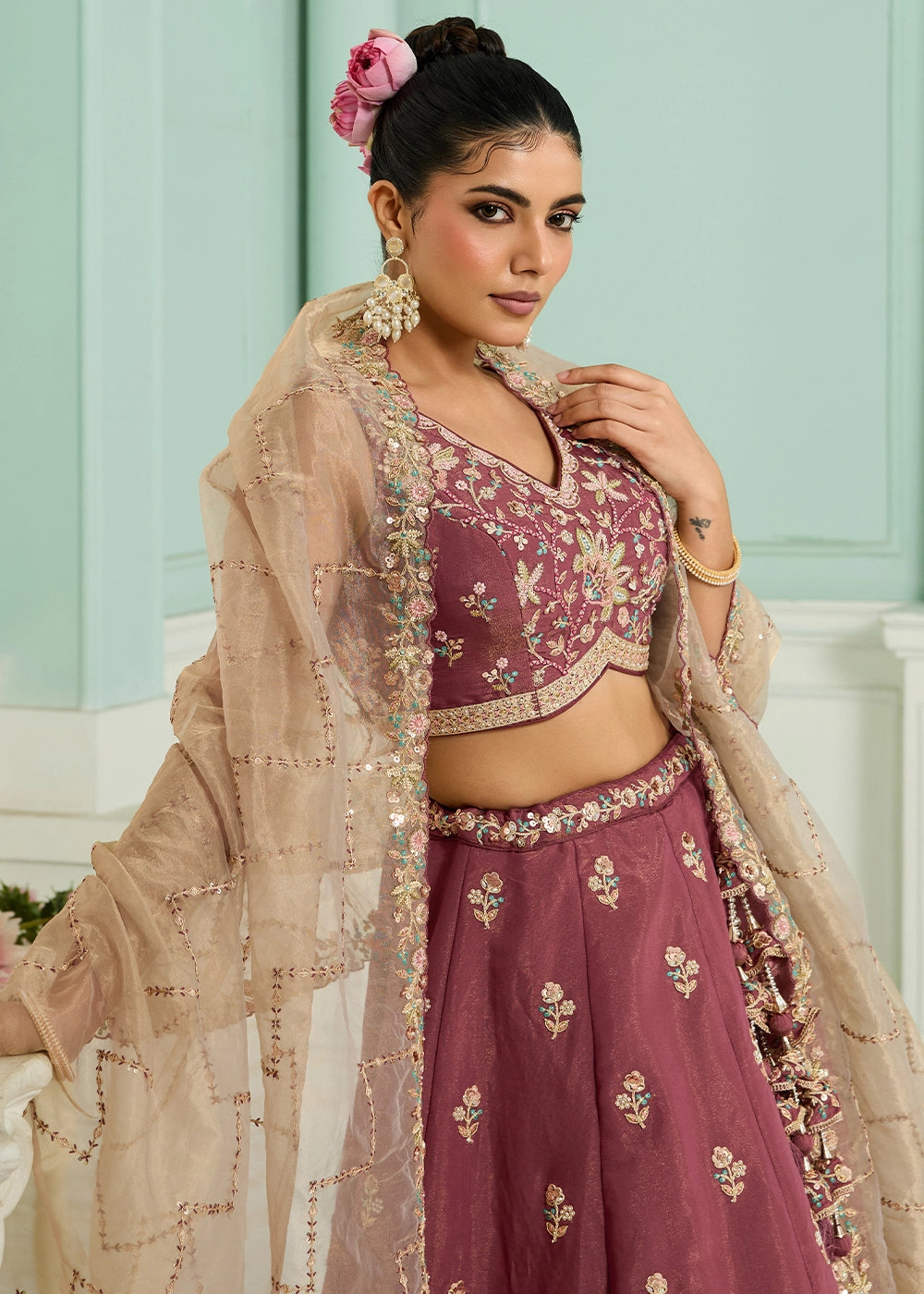 Maximum Red Purple Georgette Lehenga Choli with Handcrafted Floral & Sequin Work