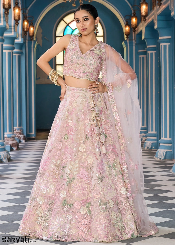 Cream & Pink Embroidered Net Lehenga Choli with Sequins Work