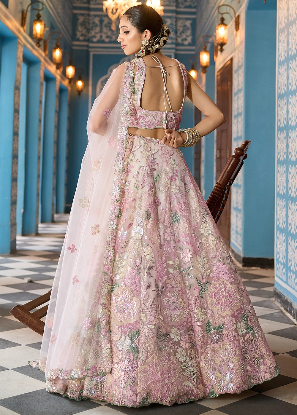Cream & Pink Embroidered Net Lehenga Choli with Sequins Work