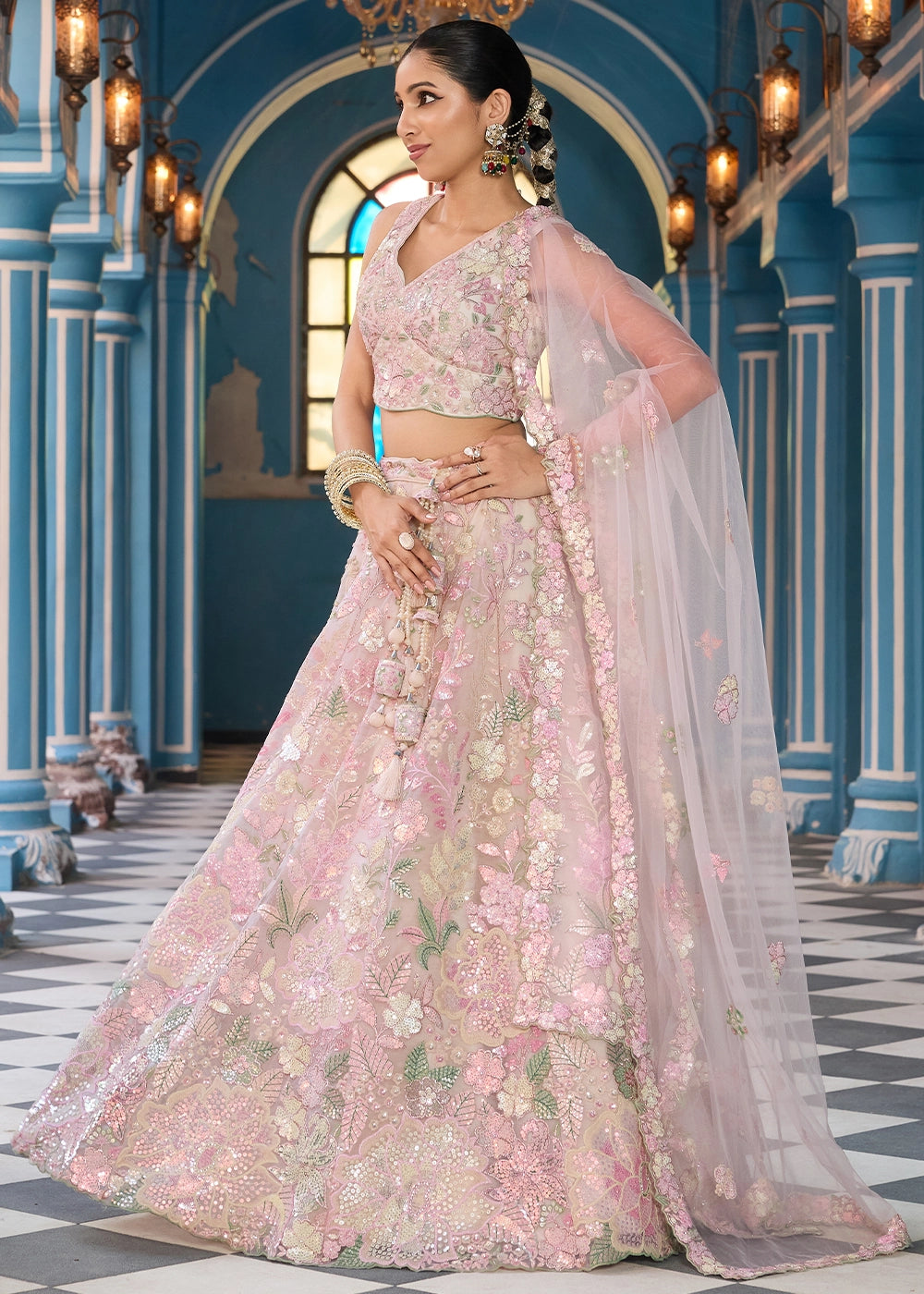 Cream & Pink Embroidered Net Lehenga Choli with Sequins Work