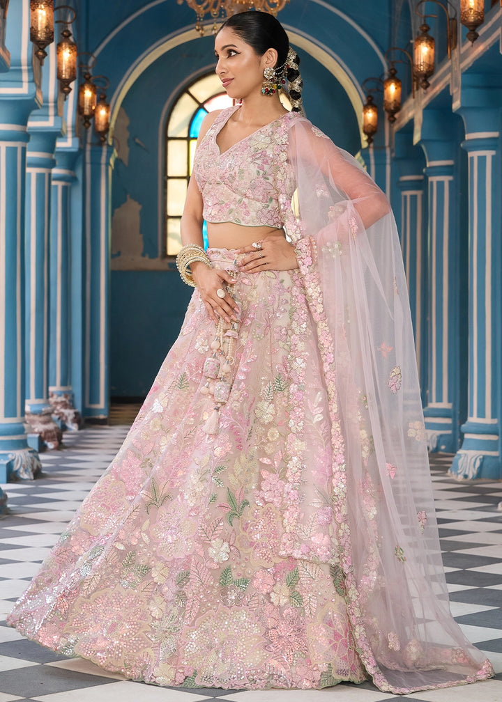 Cream & Pink Embroidered Net Lehenga Choli with Sequins Work